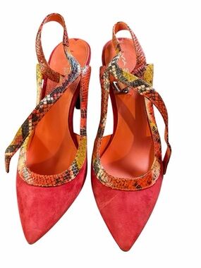 Via Spiga Red Suede & Snakeskin Slingback Pumps - Made in Italy - 8.5M